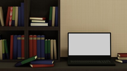 本棚　ノートパソコン　背景　3DCGイラスト　部屋　書斎