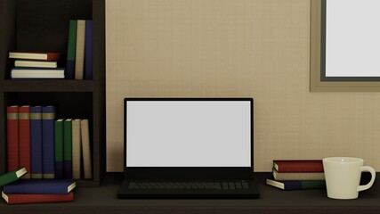 Fototapeta premium 本棚 ノートパソコン コーヒーカップ 背景 3DCGイラスト 部屋 書斎