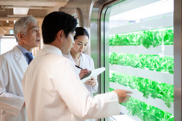 植物バイオ研究所の職員が、水耕栽培設備の前で話し合いをしている。