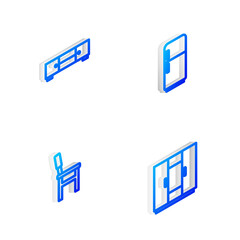 Set Isometric line Refrigerator, Chest of drawers, Chair and Wardrobe icon. Vector