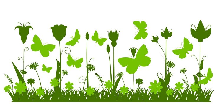 Silhouette of a blooming meadow with grass, flowers and butterflies. Green landscape. Cartoon illustration. The picture is isolated on a white background. Beautiful natural view. Wild plant nature. Ru