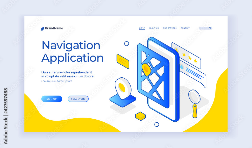 Poster navigation application. isometric web banner about navigation mobile software. smartphone app for gl