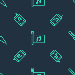 Set line Music festival flag, player and Audio jack on seamless pattern. Vector