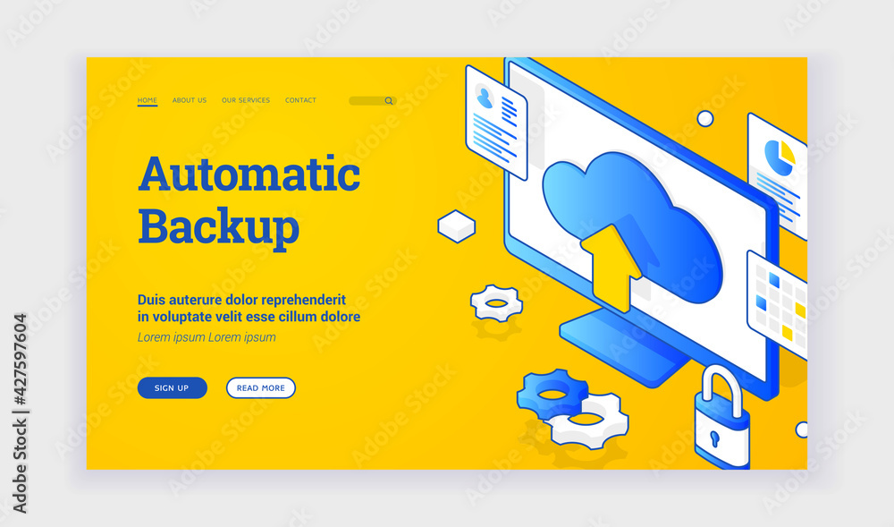 Poster automatic backup. isometric vector illustration of computer monitor with cloud storage sign depicted