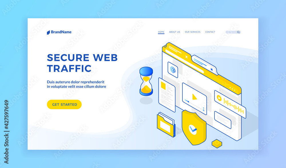 Poster secure web traffic. isometric banner with icons representing secure web traffic information on moder