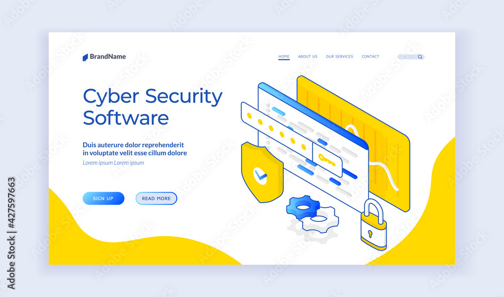 Poster cyber security software. isometric icons of shield and protection signs for web page offering inform