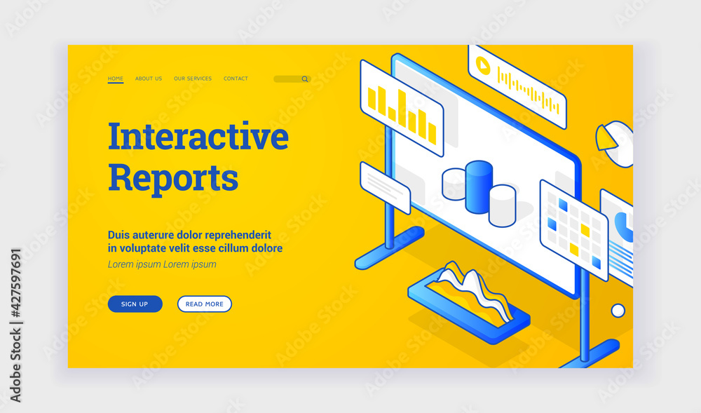 Poster interactive reports. vector banner of web page with board and graph icons offering information learn