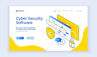 Cyber security software. Isometric icons of shield and protection signs for web page offering information about apps for cyber security. Web banner, landing page template