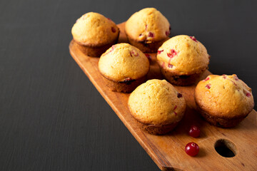 Homemade Cranberry Muffins with Orange Zest on a rustic wooden board on a black surface, side view. Copy space.