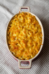 Homemade Macaroni and Cheese Pasta on cloth, side view.