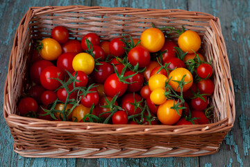Red and yellow cherry tomatoes basket top view. Harvest vegetables. Tomato on the table. Vitamin healthy food. Rustic kitchen