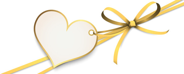 gold ribbon bow with heart hang tag