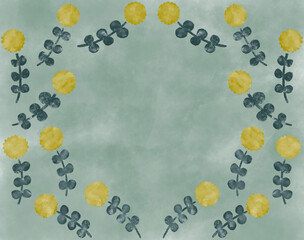 北欧風の黄色い花とブルーグレーの水彩背景の手描きイラストフレームテンプレート