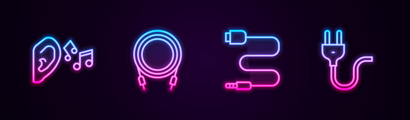 Set line Ear listen sound signal, Audio jack, and Electric plug. Glowing neon icon. Vector