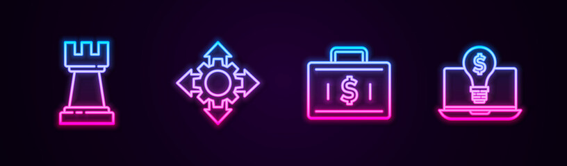 Set line Chess, Project team base, Briefcase and money and Light bulb with dollar laptop. Glowing neon icon. Vector
