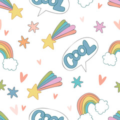 Cool. Comet and rainbow. Star and heart. Cartoon doodle print. Seamless vector pattern. White background. 