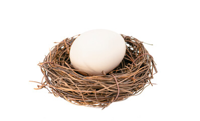 Chicken egg in a small nest isolated on white background. Easter or farming concept. copy space for text. mockup