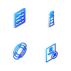 Set Isometric line Lighthouse, Abacus, Business lifebuoy and Job promotion icon. Vector