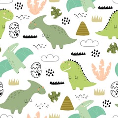 seamless pattern with cartoon dinosaurs, decor elements. Colorful vector flat style for kids. Animals. hand drawing. baby design for fabric, print, wrapper, textile