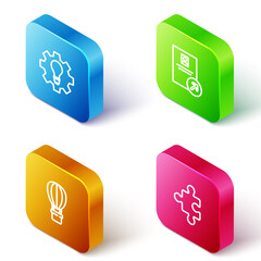 Set Isometric line Light bulb and gear, Job promotion, Hot air balloon and Piece of puzzle icon. Vector