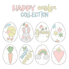 Happy Easter collection. Lettering. Easter eggs. Set. Chicken, bunny, carrot, stars and rainbow. Spring cartoon doodle. Isolated vector objects on a white background.