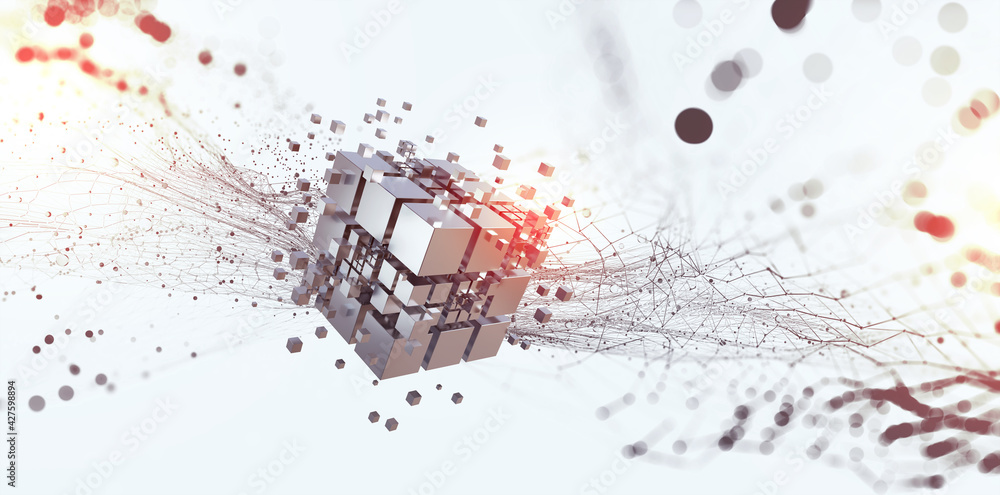 Poster Hi-tech Square blocks are collected in a cubic array against the background of information fields. 3d illustration of blockchain abstract concept. Artificial intelligence learnability