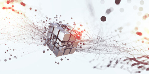 Hi-tech Square blocks are collected in a cubic array against the background of information fields. 3d illustration of blockchain abstract concept. Artificial intelligence learnability