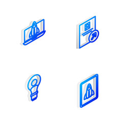 Set Isometric line Job promotion, Startup project concept, Head with lamp bulb and icon. Vector