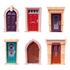 Wooden doors, medieval and modern style entries with stone doorjambs, metal handles and slot for mail. Architecture objects, cottage or castle exterior design elements, Cartoon vector illustration set