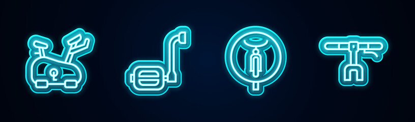 Set line Stationary bicycle, Bicycle pedal, and handlebar. Glowing neon icon. Vector