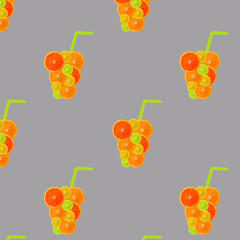 Summer Seamless pattern of juicy Orange grapefruit and lemon lime Fruit slice shaped on glass of refreshing lemonade with pipe on gray Healthy lifestile.  fruit juice advertising. Summer rest concept.
