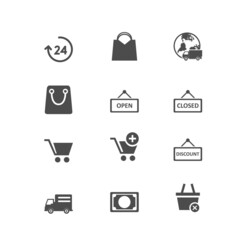 cart trolley wallet bank card shop store money gift delivery and bar code depicting consumerism and retail purchasing