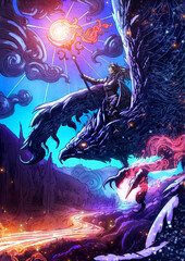 Obraz premium A female mage in plate armor with a magic staff casts a spell and flies astride a beautiful star phoenix against the background of a fantastic forest landscape with a dawn sky and a golden river. 2d 