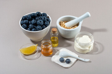 Blueberry face mask ingredients. DIY homemade natural skin care product.