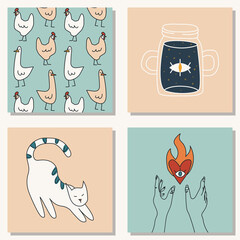 Set of hand drawn abstract elements in modern, trendy colors, taro cards and boho concept, minimalism art.