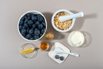 Blueberry face mask ingredients. DIY homemade natural skin care product.