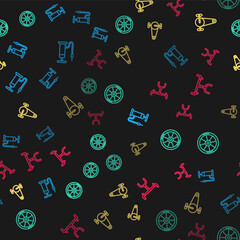 Obraz premium Set line Bicycle air pump, wheel, chain with gear and handlebar on seamless pattern. Vector