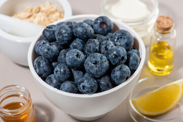 Blueberry face mask ingredients. DIY homemade natural skin care product.