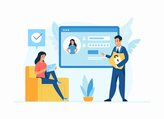 Internet security, personal data protection flat illustration. Male cartoon character holding shield advising to keep safe personal information to woman. Female character login to social media account