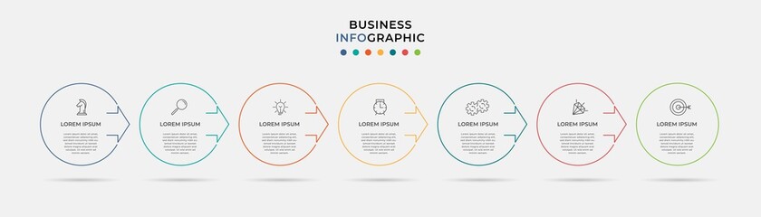 Vector Infographic design business template with icons and 7 options or steps. Can be used for process diagram, presentations, workflow layout, banner, flow chart, info graph