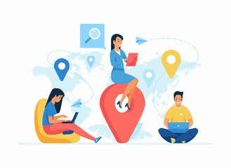Global outsourcing concept flat vector illustration. Remote working. Female cartoon employer managing foreign employees. International recruiting. Global connectivity and team working in business