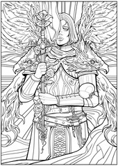coloring book for adults. A beautiful squire girl in plate armor with angel wings prays with a sharp sword in her hands that is entangled with roses. 2d illustration