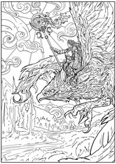 Coloring book for adults A female magician in plate armor with a magic staff casts a spell and flies astride a beautiful phoenix with sharp claws and feathers. 2d illustration