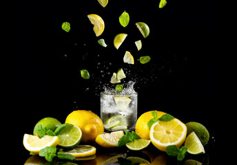 Citrus lemonade with lemon, lime and ice in a glass on a black background. Splash. Levitation.