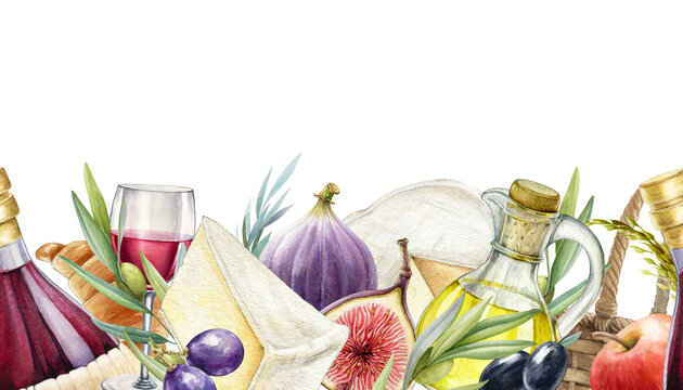 Gastronomy mediterranean seamless border. Cheese, wine, fig, olive, grapes endless decoration. Watercolor illustration. Tasty snack and wine seamless border. Food and wine on white background