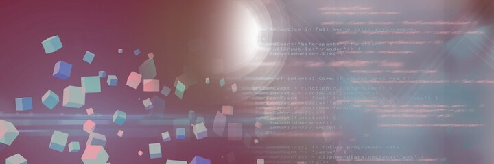 Computer code and multicolor geometric shapes against gradient background, program coding concept