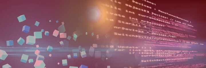 Computer code and multicolor geometric shapes against gradient background, program coding concept