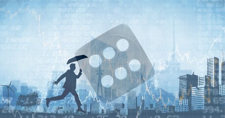 Financial data and man running over dice against city, finance and economy concept