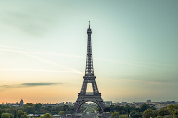 Sunset view to Eiffel tower in Paris, France. 