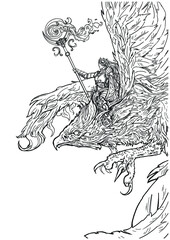 Coloring book for adults A female magician in plate armor with a magic staff casts a spell and flies astride a beautiful phoenix with sharp claws and feathers. 2d illustration